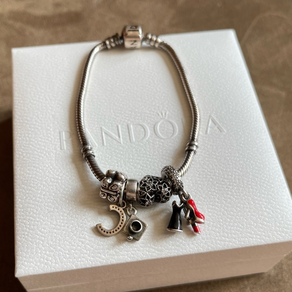Authentic Pandora Snake Bracelet W/ 5 Pandora Charm Gem